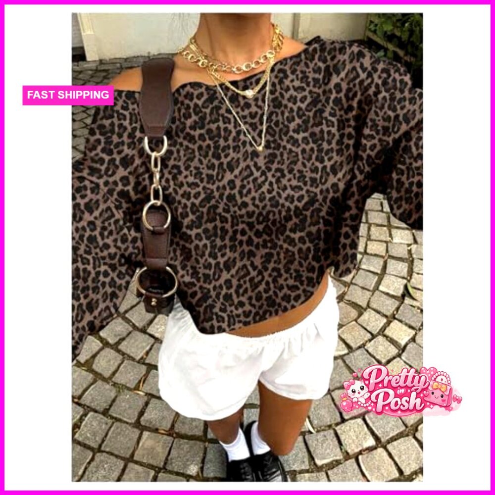 Off Shoulder Cropped Sweatshirt Pullover Cheetah … - image 3